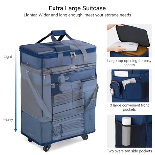 Image of Hanke Suitcases with Wheels Expandable Foldable Luggage Bag Suitcase Collapsible Rolling Travel Bag Duffel Bag for Men Women Lightweight Suitcases without Telescoping Handle, Blue, Expandable Foldable
