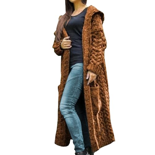 Women Hooded Long Cardigan Coat Casual Puls Size Cable Knit Open Front Oversized Cardigan Sweater with Pokects