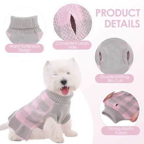 Image of Dog Sweater Dress Plaid Knitwear for Small Medium Dogs Warm Puppy Pet Turtleneck Stretch Pullover Cute Fall Winter Vest Clothes with Leash Hole for Christmas (Grey, M)