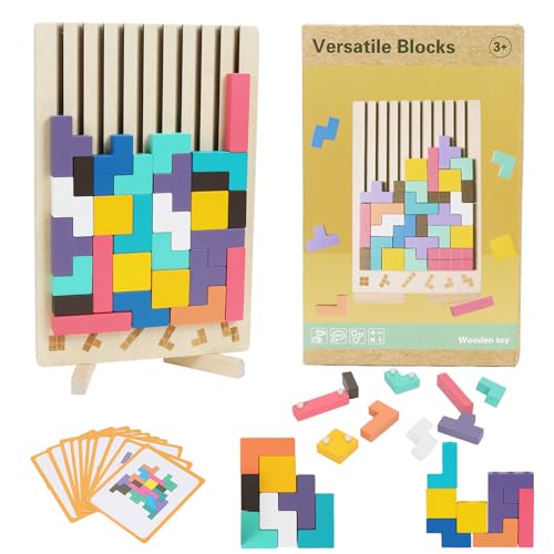 HUKUMA Holzpuzzle Tetris, Tetris Holzspiel Kinder, Montessori Spielzeug ab 3 4 5 6 Jahre, Lernspielzeug Konzentration, Stapelpuzzle mit 10 Karten,3D Bunt Geometrische Blöcke Tetris Geschenk