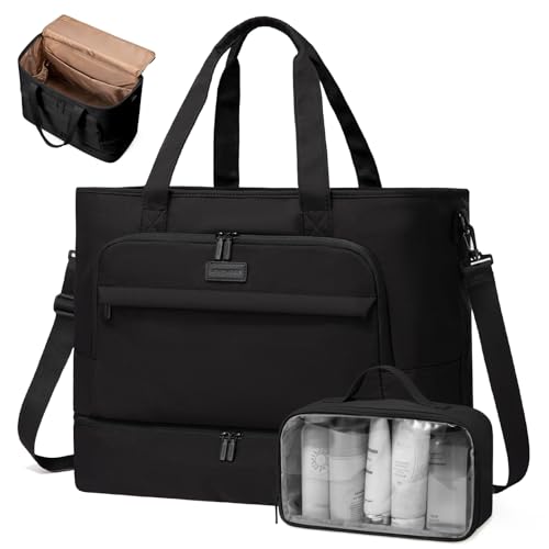 LOVEVOOK Reisetasche Damen, 45L Große Öffnung Weekender Travel Duffle Bag, Wasserdicht Kliniktasche Geburt mit Schuhfach & Nassfach, Sporttasche Handgepäck Tasche für Flugzeug Reise Gym, Schwarz
