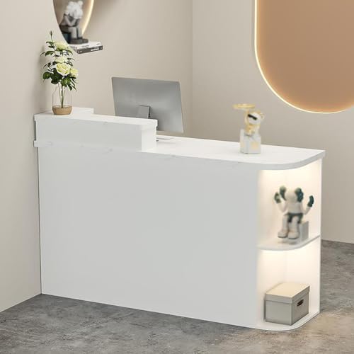 BK&MF モダン 木製 カウンターテーブルLEDライト付き,小規模店舗のレジおしゃれ スリム引き出し付き 大空間小規模店舗のレジ組み立てが簡単 お店 美容室 アパレルショップ 会社フロント,E,Left Cabinet 47x20x42inch