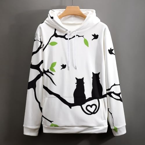 Sweat Capuche Imprimé Arbre Et Chat Pull Manches Longues Doux et Confortable S - 4