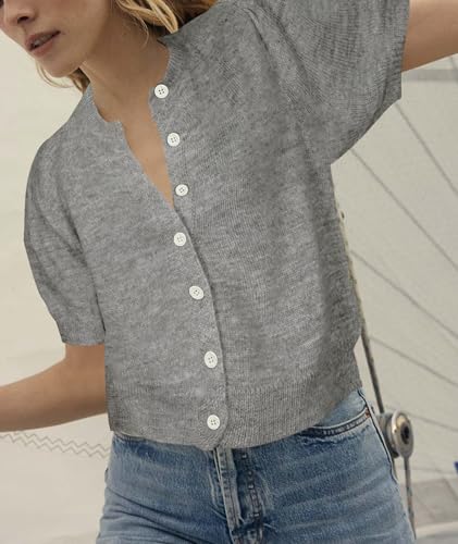 Image of Womens Puff Short Sleeve Cardigan Sweaters Cropped Button up Lightweight Y2k Knit Summer Cardigans
