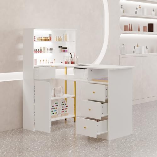 Caldion Table de manucure avec 4 tiroirs 6 étagères Table de Soin des Ongles avec aspirateur étagère en Verre Grand Espace de Rangement 120x42.9x126.5cm Blanc