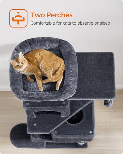 Image of Feandrea Cat Tree, 59.5-Inch Tall Cat Tower, Plush Multi-Level Condo with 5 Scratching Posts, 2 Perches, 2 Caves, Hammock, 2 Pompoms, Smoky Gray UPCT192G01