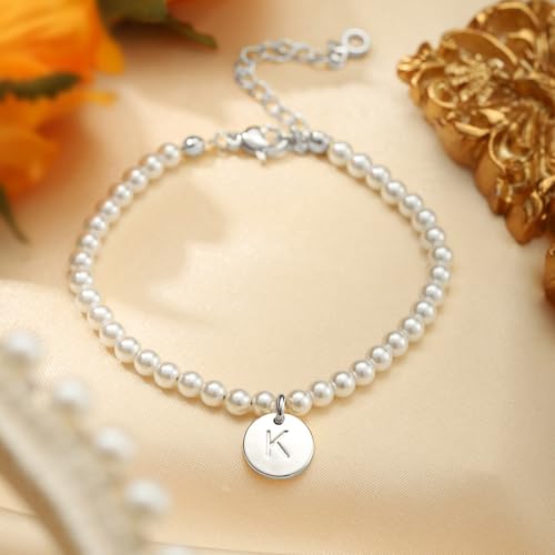 Image of Ursteel Pearl Initial Bracelet for Women - Gifts for Kids Teen Girls, Dainty Letter Pearl Bracelets for Women, Bridesmaid Proposal Wedding Bride Party Bridal Shower Gift