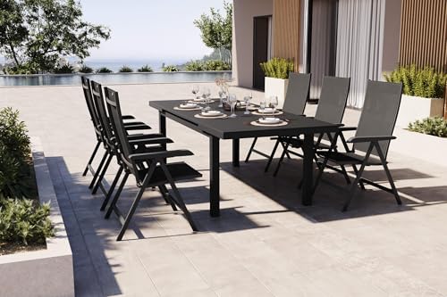 Kettler BasicPlus Esstischgarnitur, anthrazit, Alu/Textilene, Tisch 180/240x100cm, 6 Multipositionssessel