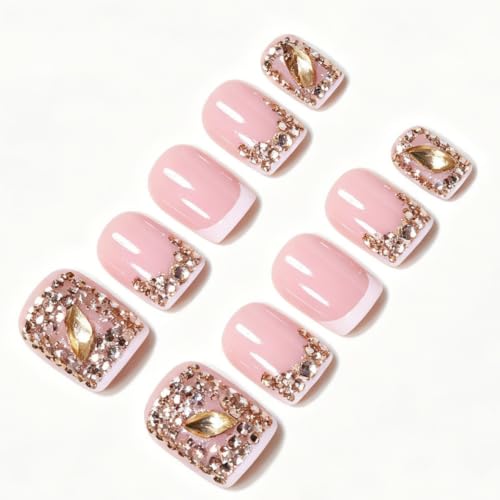Image of White French Tip Press on Nails Short Nails Gold Rhinestone Nails Press ons