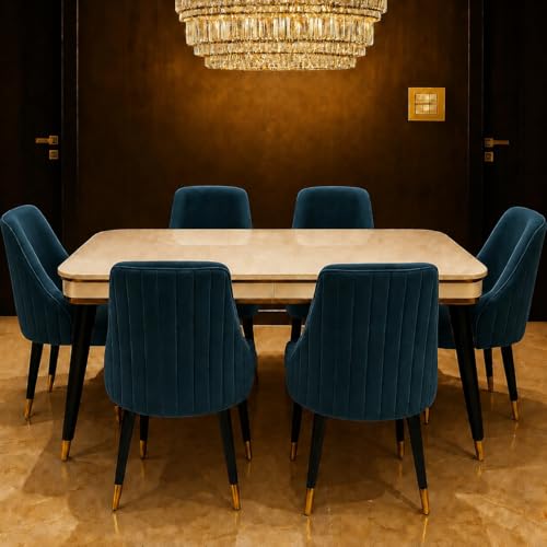 Image of WOODEN SPACE 6-Seater Wooden Dining Table Set | Nano Composite Marble Top | Solid Wood Base | Modern Dining Room Furniture with 6 Chairs (Sea Blue Infinity Backline)