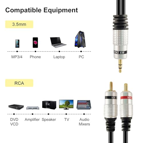 Image of MX 3.5mm to 2 RCA Cable Male, AUX to RCA Stereo Audio Cable, 5 Meters RCA Cord, Metal Shell for Smartphone, Tablet, MP3 Player, PC, TV, Speaker, Amplifier & Home Theatre