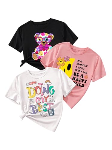 Floerns Girl's 3 Pack Cute Cartoon Print Short Sleeve T Shirt Crew Neck Graphic Tee Top