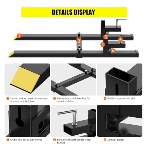 Pallet Forks 60" 4000 Lbs Max, Clamp On Tractor Bucket Forks With Adjustable Stabilizer Bar, Heavy Duty Front Loader Forks, Fork Attachment for Skid Steer, Loader Bucket
