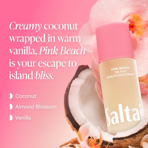 Image of Saltair Serum Deodorant 2 Pack - 5% AHA - Aluminum-Free Odor Control for Women & Men - Mandelic Acid Deodorant with Lactic Acid - Pink Beach Scent - 2x 1.7oz Travel Roll On