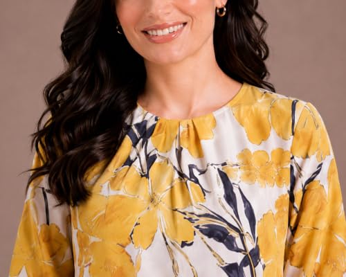 Image of Mirana Women's Full Sleeve Solid Top | Round Neck Pleated Front Regular Fit Office Casual Blouse with Button Cuffs