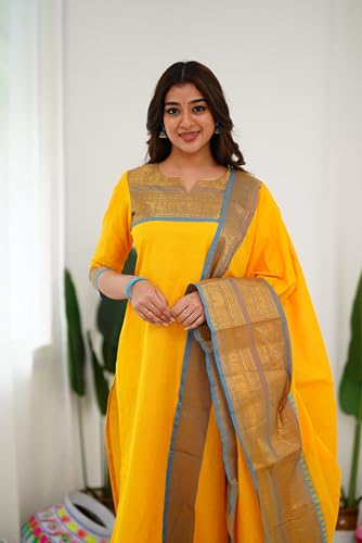 Image of TWINLIGHT Women's Kanchi Cotton Elephant Jaquard Work Kurta and Dupatta Set | V Neck 3 /4 Sleeves Straight Calf Length Kurti with Jaquard Border Work Dupatta | Kurti Set for Women