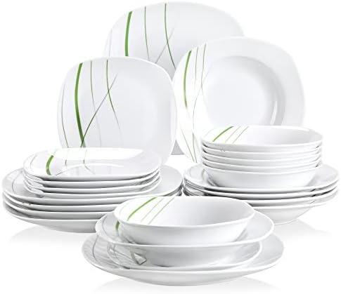 VEWEET, Series Aviva, 24-Piece Ivory White Porcelain Dinnerware Set with Green Stripe Patterns, Including Dinner Plates, Dessert Plates, Soup Plates, Service for 6
