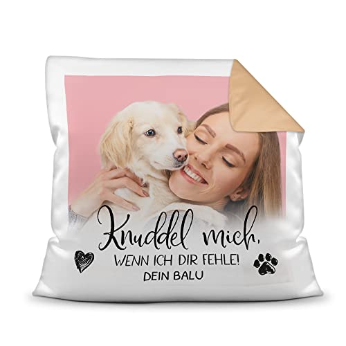PfotenSchild Personalisiertes Foto-Kissen mit Füllung - Knuddel Mich, wenn ich dir fehle - mit Namen selbst gestalten - für Hunde, Katzen und andere Haustiere | Rückseite Mokka