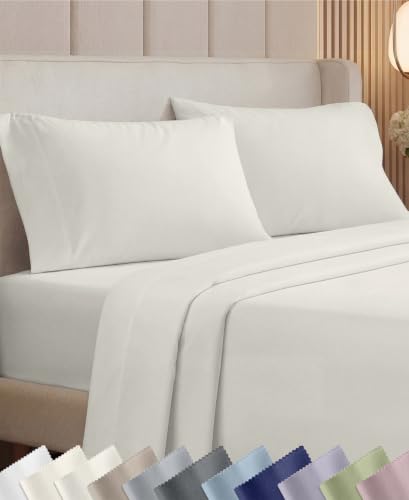 Image of California Design Den 1000 Thread Count Cotton King Size Sheets Set, 4 Pcs | Backed by Good Housekeeping Seal - 100% Cotton Sateen - Soft, Thick & Heavy, 16 inch Deep Pocket, Durable - Eggshell Cream