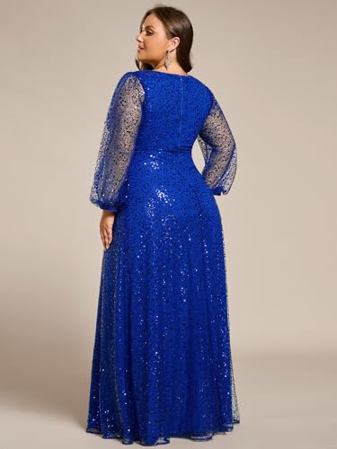 Image of Ever-Pretty Women's Elegant A-Line V Neck Sheer Long Sleeves Plus Size Sequin Formal Dress Evening Gown Sapphire Blue US14