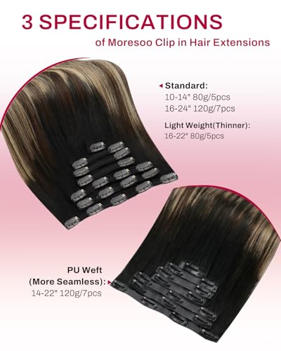 Image of Moresoo Clip in Hair Extensions Human Hair, 16inch 120g 7pcs, PU Skin Weft | Clip in human hair extensions, natural black to mocha brown and warm caramel, for fashion users styling, salon effect