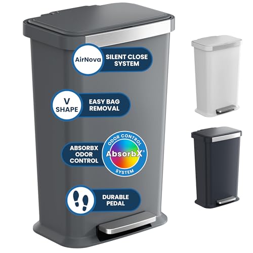 Image of iTouchless SoftStep 13.2 Gal / 50L Step Pedal Kitchen Trash Can with Odor Filter, Durable Dent-Proof Construction and Stainless Steel Trim, Garbage Bin with Lid for Home Office, Bedroom, Gray Plastic
