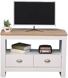 CF Furniture Corner 2 Drawers TV Unit with Shelf,TV Cabinet Storage Living Room White,Entertainment Small Sideboard for TV Modern Style- White+Oak,85x39x58cm/33.46x15.35x22.83inch