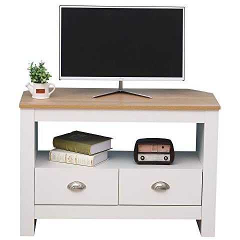CF Furniture Corner 2 Drawers TV Unit with Shelf,TV Cabinet Storage Living Room White,Entertainment Small Sideboard for TV Modern Style- White+Oak,85x39x58cm/33.46x15.35x22.83inch Cover