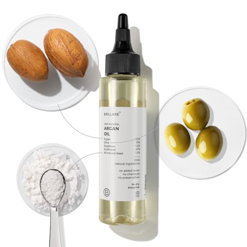 Image of Brillare 20% Argan Oil for Dry, Frizzy Hair with 10% Olive Oil for Intense Hydration, Frizz Control, Smooth, & Manageable Hair (Pack of 2)