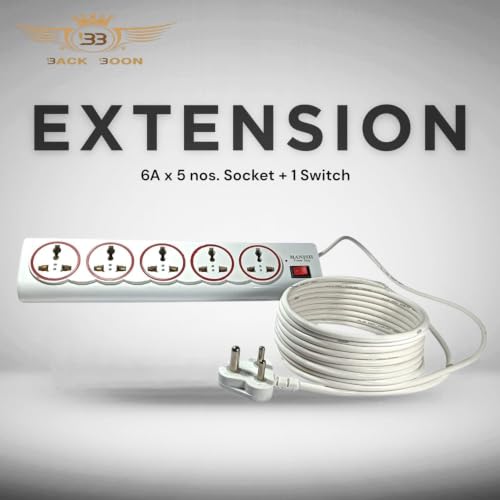 Image of Extension Board 6Amp Output 240 Volts with 4 Mtr Extension Cord & Surge Protector | Master Switch, 5 International Sockets | Multi Plug Travel Adapter Heavy Duty