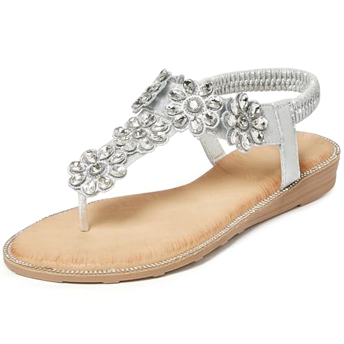 iCKER Women Flat Thong Sandals Rhinestone Sparkly Boho-PD12-Sliver-9