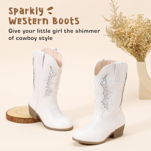 Sparkly Glitter Cowgirl Cowboy Boots for Girls Little Kids Mid Calf Zipper Pointed Toes Low Heel Western Embroidery Party Birthday Toddler to Big Kid4
