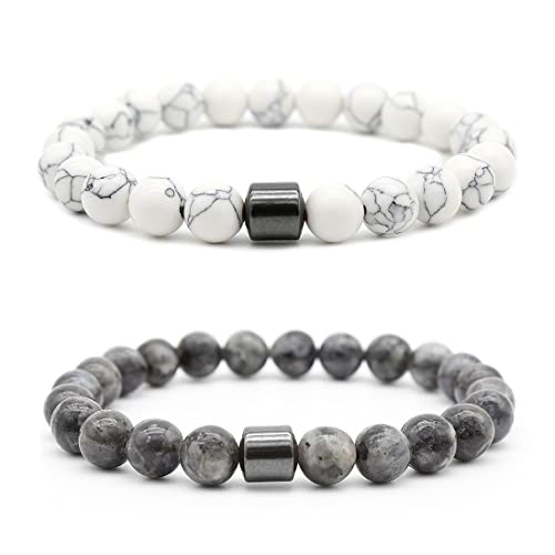 Teegxddy 2 PCS Bracelet, 8 MM pierre naturelle hommes et femmes blanc turquoise/bracelet de perles amphibole Bracelet extensible empilable Cover