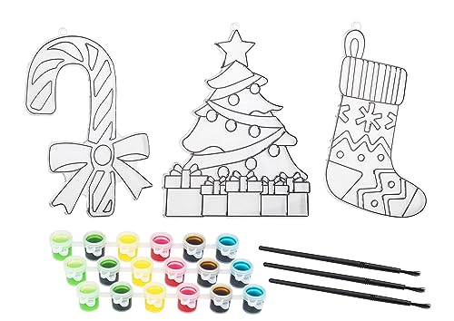 Lot de 3 tableaux de Noël pour fenêtre à colorier - Kit de 3 images avec peintures et pinceaux - Décoration de fenêtre de Noël à personnaliser soi-même - Kit complet avec 3 motifs