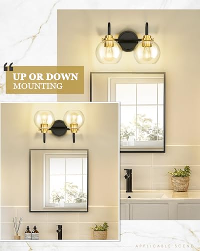 Image of Bathroom Light Fixtures, 2-Light Black and Gold Vanity Lights with Globe Clear Glass, Modern Vanity Lighting Fixtures Over Mirror, AD-22280-2W-KG