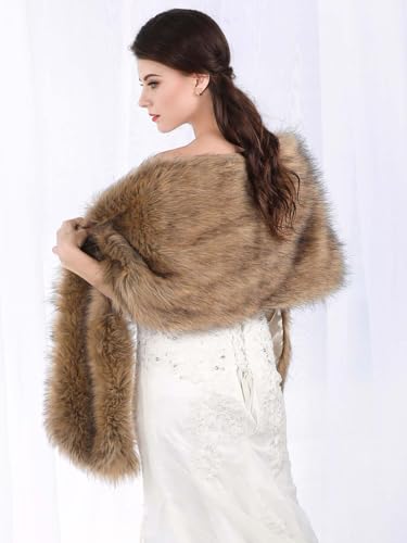 GORAIS Women's Wedding Faux Fur Shawls and Wraps Long Bridal Fur Scarf Stoles with Brooch for Bride and Bridesmaids2