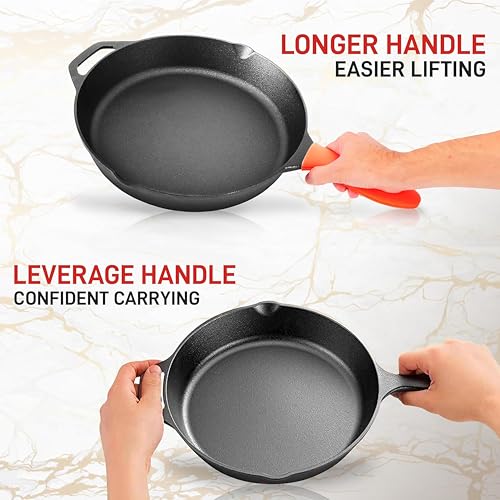 NutriChef Cast Iron Skillet Pan w/ Lid, Pre Seasoned Cast Iron Pan, Cast Iron Frying Pans Nonstick, Oven Safe Cookware w/ Silicone Handle, Drip Spout, Indoor/Outdoor Use, For Induction & All Cooktops - Image 6