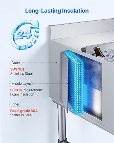 Image of VEVOR Commercial Ice Bin Stainless Steel Ice Chest with Sliding Lid, 24H Long-Lasting Insulation, Cooler Cart Cocktail Unit for Bar Restaurant Pub, NSF, 24 Inch
