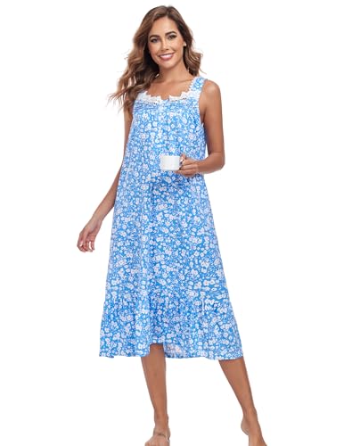 Image of Viakeo Cotton Nightgowns for Women Long House Dress Soft Sleepshirts With Pockets S-3XL