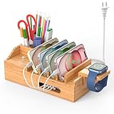Bamboo Charging Station for Multiple Devices with 5 Port USB Charger, 5 Charger Cables and Smart Watch Stand. Wood Desktop Dock Stations Electronic Organizer for Cell Phone, Tablet, Watch, Office