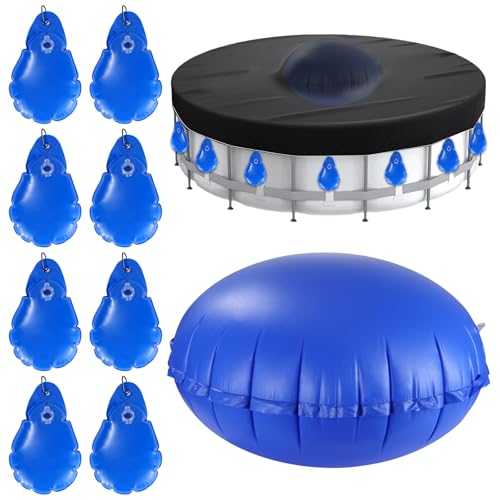 4FT Round Pool Pillow and 8 PCS Pool Cover Weights with Hooks Pool Air Pillows for Above Ground Winter Closing Winterizing Kit with Ropes Thicken PVC Ice Equalizer