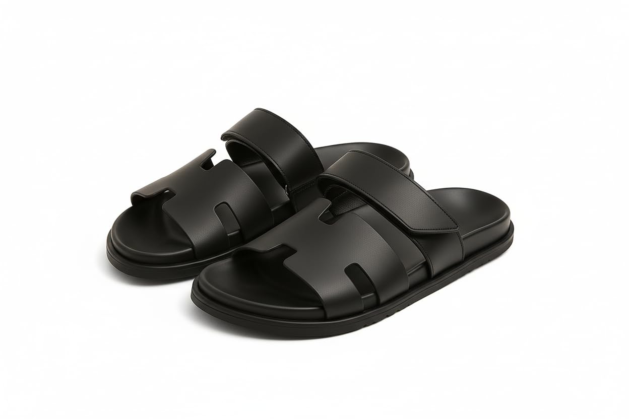 delefs Men Genuine Leather Slippers | Handcrafted Luxury Slides with Cushioned Sole & Anti-Slip Grip | Stylish Indoor Outdoor Footwear (BK)-(Series)-403-picture-8