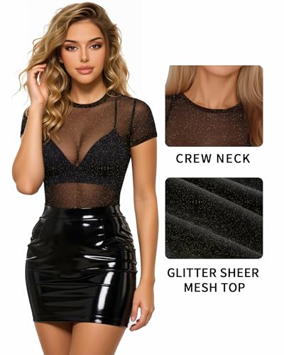 MANGOPOP Womens Mesh Tops Short Sleeve Glitter Sheer Top Sexy Stretchy See Through Sparkly Shirts Going Out Basic Tee Blouse