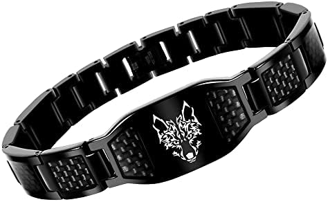 KRFITYA Stainless Steel Wolf Link Bracelet, Carbon Fiber Adjustable Wristband Viking Jewelry Gift for Him