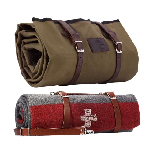 1844 Helko Werk Germany Waxed Canvas Bedroll & Swiss Army Blanket Bundle – Camping Bedroll with Leather Straps and Zipper – Waterproof Portable Bed (Blanket + Bedroll Olive) #F8761OB