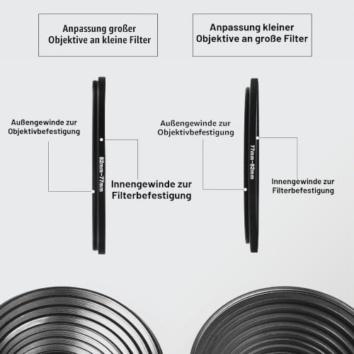 18-teiliges Filterring-Adapter-Set - 9X Step-Up-Ringe und 9X Step-Down-Ringe für Objektivfilter, Gegenlichtblenden und Objektivkonverter - Enthält 4X Mikrofasertücher (18x15 cm)