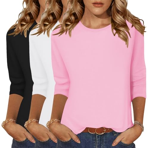 Zeagoo Tops for Women 3 Pack 3/4 Sleeve Crewneck Cute Basics Tees Casual Fashion Summer T Shirts Business Work Tee Top