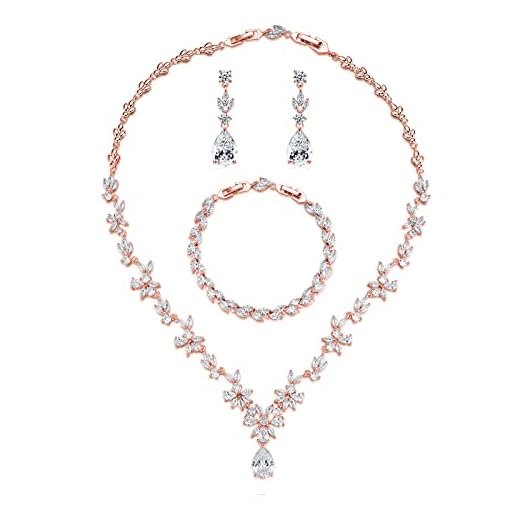 Wedding Jewelry for Bride, Rose Gold Plated Bridal Necklace Earrings Bracelet Set with Clear Cubic Zirconia, Bridemaids Jewelry Set for Wedding, Crystal Wedding Party Jewelry Set for Women Girls