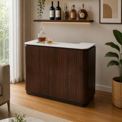 Image of The Attic Jalsa Bar Cabinet, Walnut Finish | Hard and Soft Drinks Storage, Wine Whisky Scotch, Round Bar for Home