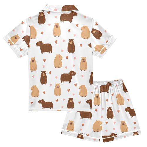 Cute Capybara Drawing White Summer Satin Pajama Set, Cute Button-Down Sleepwear Pj Set for Sleep Wears2